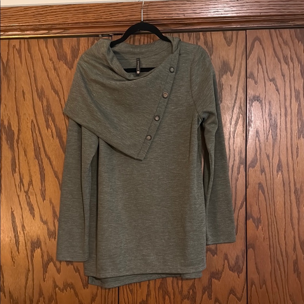 Piphany Sage Asymmetrical Button Long Sleeve Top